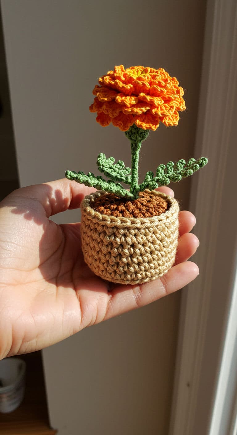 Handmade crochet marigold in a small pot, held in a palm