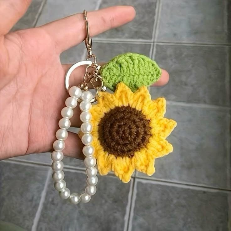 Handmade crochet sunflower keychain with pearl strap